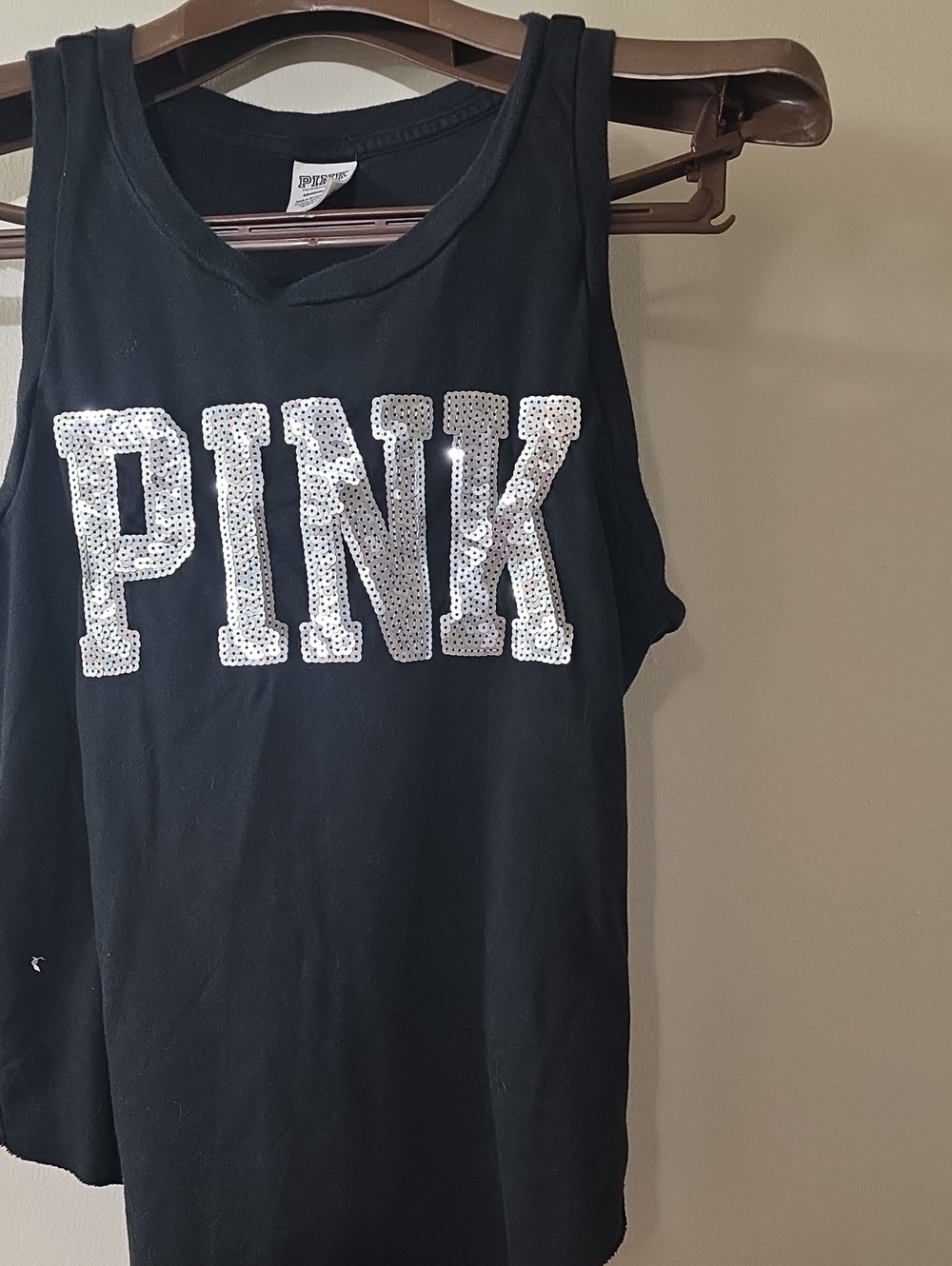 PINK Victoria's Secret Black Tank Top with Silver Sequin Logo